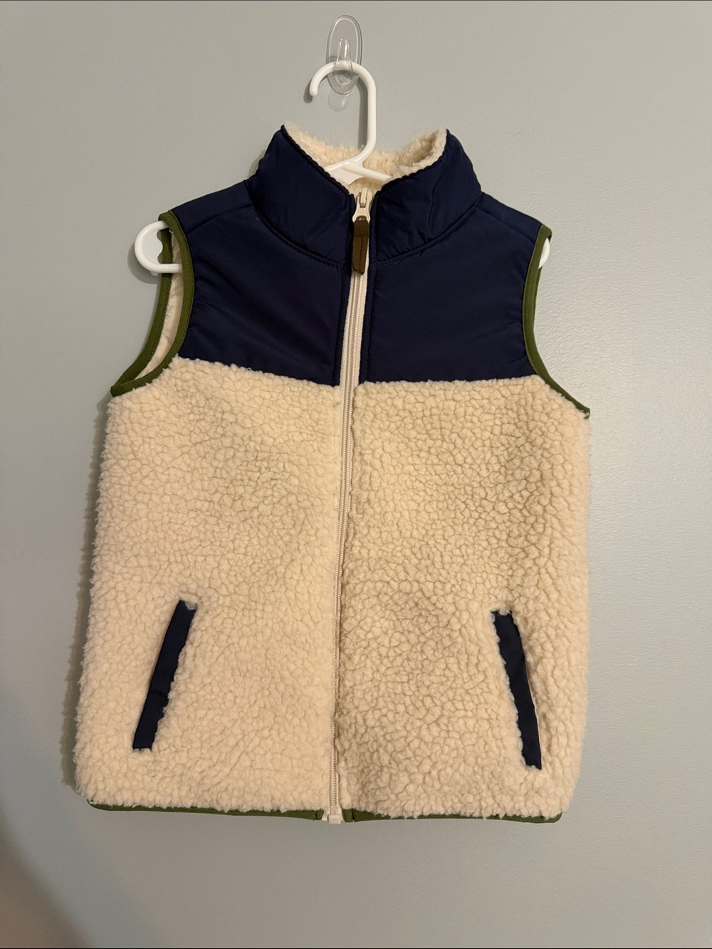 Carter's Cream Sherpa Vest with Navy Yoke and Olive Trim